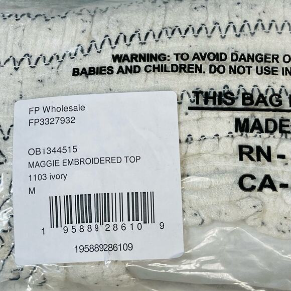 Free People Maggie Medium Embroidered Top Square Neck Smocked Puff Sleeves Ivory - Picture 9 of 12